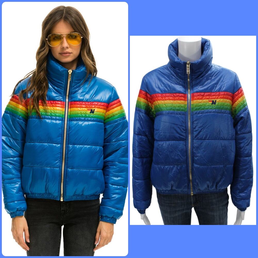 Aviator Nation 6 Stripe Luxe Apres Puffer Jacket Snorkel Blue XS Ski Après Retro